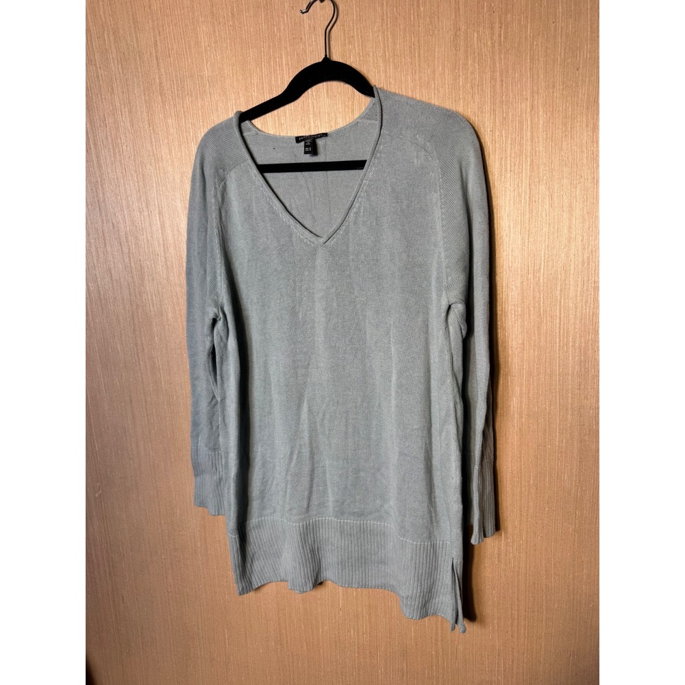 Eileen Fisher Womens Medium Blue Organic Cotton Tencel V-Neck Tunic Sweater Peru